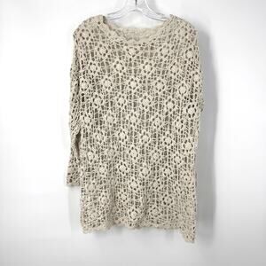 Boho Open Knit Crochet Pullover Sweater M Beige Festival Coastal Hippie Granola